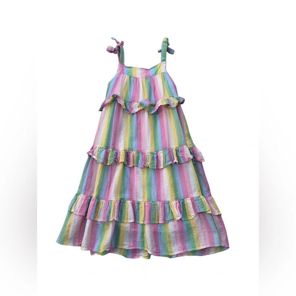 Mini Boden Size 5-6 Years Tiered Ruffle Pastel Gold Striped Maxi Dress